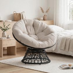 Swivel Papasan Chair — Black Wicker Base, Beige Cushion (Brand New) - K1BB