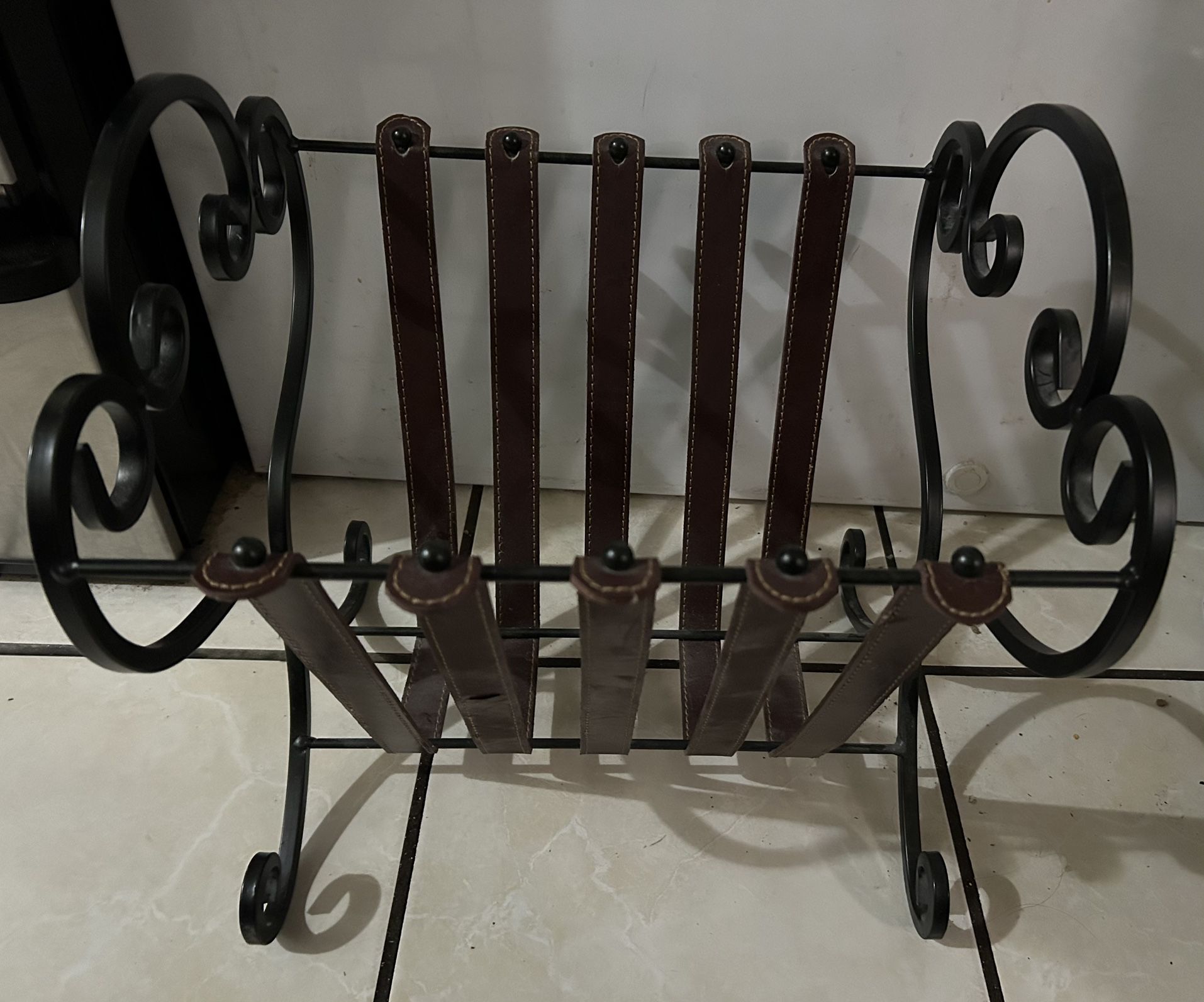 Contemporary Wrought Iron and Stitched Leather Magazine Rack 