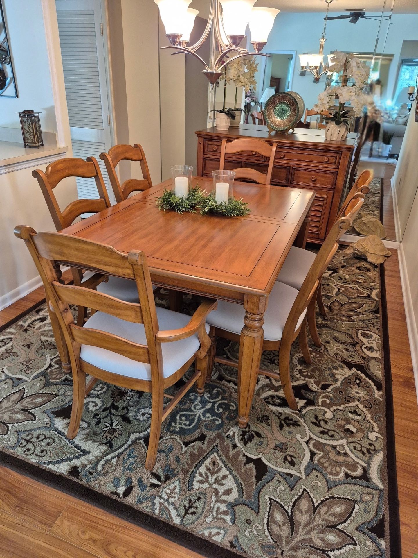 Light Wood Dining Set – w/ leaf + 6 Upholstered Chairs + Buffet – Excellent Condition