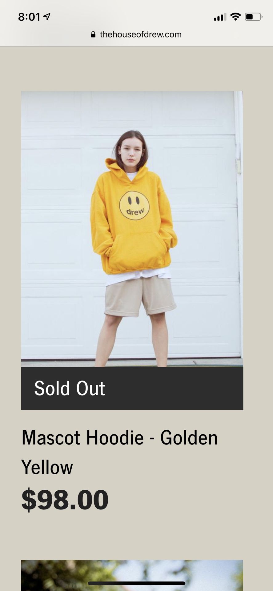 Drew house mascot golden yellow hoodie! 100% Authentic