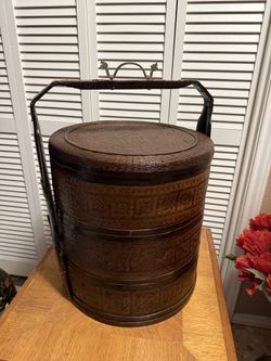 VTG Asian 3 Tier rattan Bamboo Dim Sum Carrier