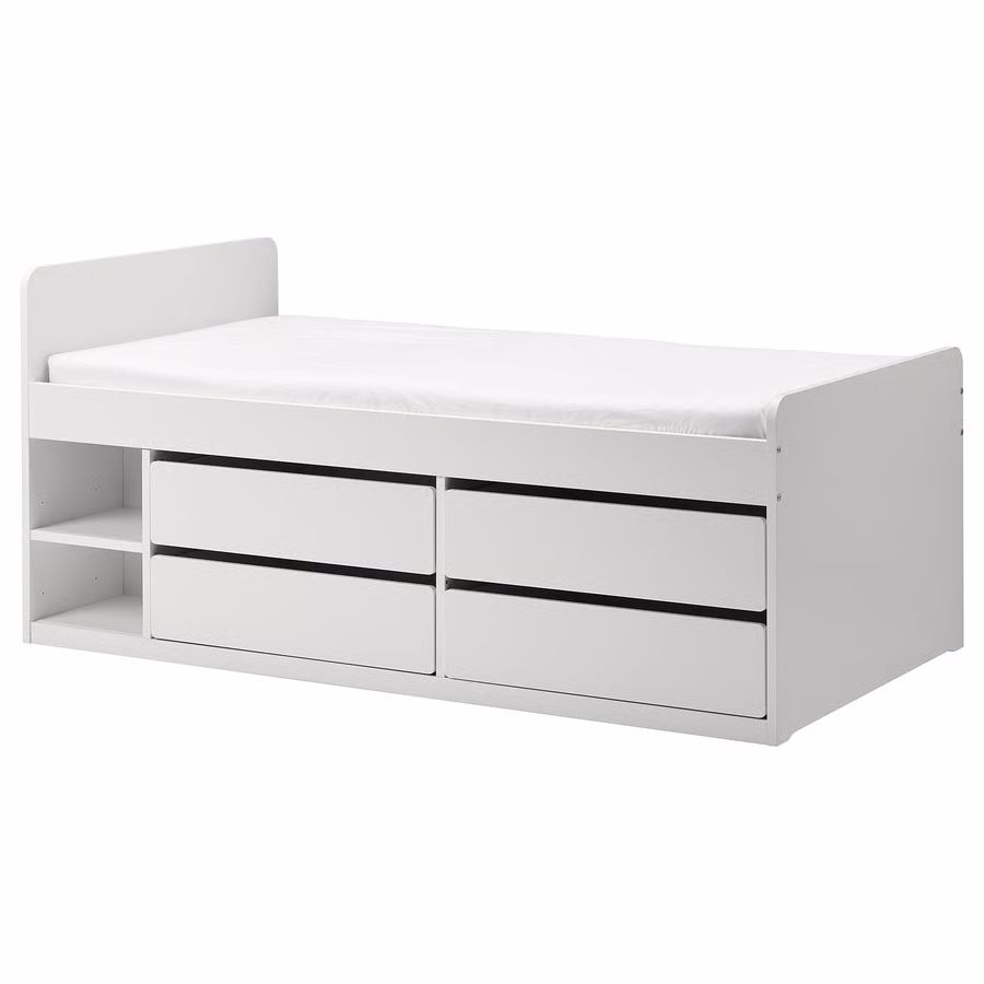 SLÄKT Bed frame w/storage+slatted bedbase, white, Twin
