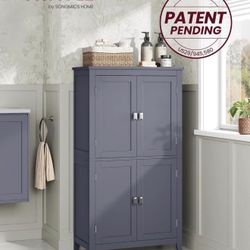 Floor Storage Cabinet, Freestanding Storage Unit with 4 Doors, Adjustable Shelves, 11.8 x 23.6 x 43.3 Inches, for Entryway, Bathroom, Slat