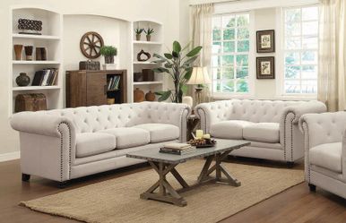 2PC LIVING ROOM SET: SOFA AND LOVE SEAT--OATMEAL LEATHERETTE