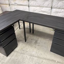 L-Shaped Desk Setup w/ 2 Metal Cabinets