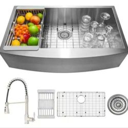 AKDY Handmade All-in-One Farmhouse Stainless Steel 33 in. x 22 in. Single Bowl Kitchen Sink Spring Neck Faucet, Accessories