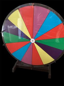 Nice tabletop spinning prize wheel featuring 14 customizable, multicolored slots