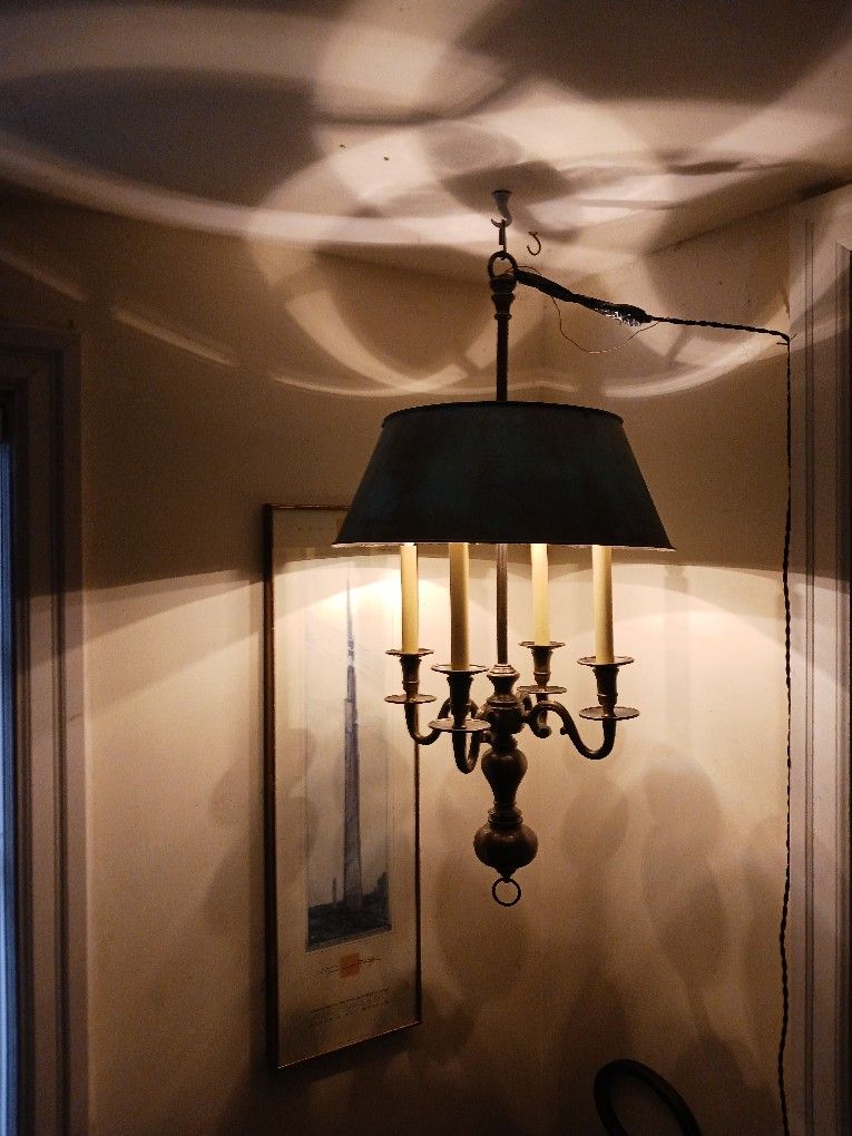 Solid Brass Hanging Lamp With Verdigris Copper Patina Shade Antique Colonial Classic Traditional Style Quality With Braided Cord And Cord Cover