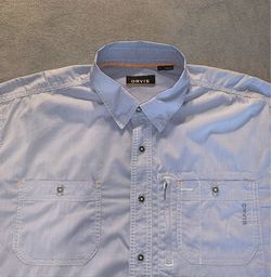 Orvis Mens Size Large Shirt Light Blue Gray Mini Gingham Micro Check Long Sleeve