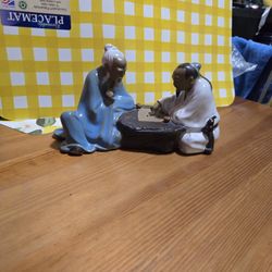 8.7" China Pottery Clay Pure Handcrafted Figure The Game of Go Play Chess Statue