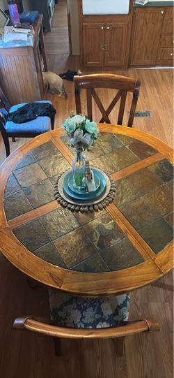 Round Slate Tile Top Dining Table with Chairs