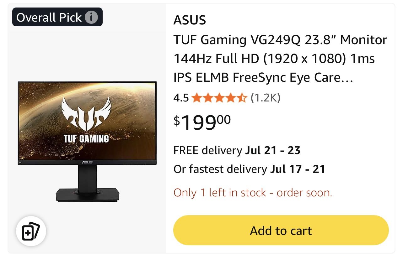 ASUS TUFF GAMING 24” 144HZ MONITOR