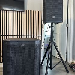 Electro Voice Zlx 12p Loudspeaker And Harbinger Vs18 Powered Subwoofer 2400 Watt With Bluetooth Mixer Wireless Microphone