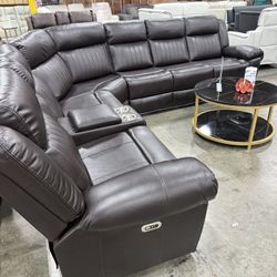 Premium Brown Power Recliner Living Room Sectional With Bluetooth Speaker And LED Light