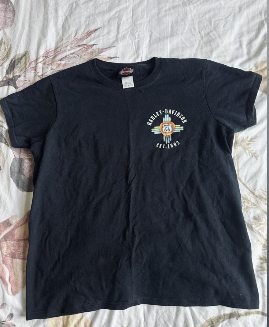 Classic black tee featuring Harley-Davidson logo route 66 and New Mexico logo Simple and bold colors hot air balloons on the back side . From Thunderb