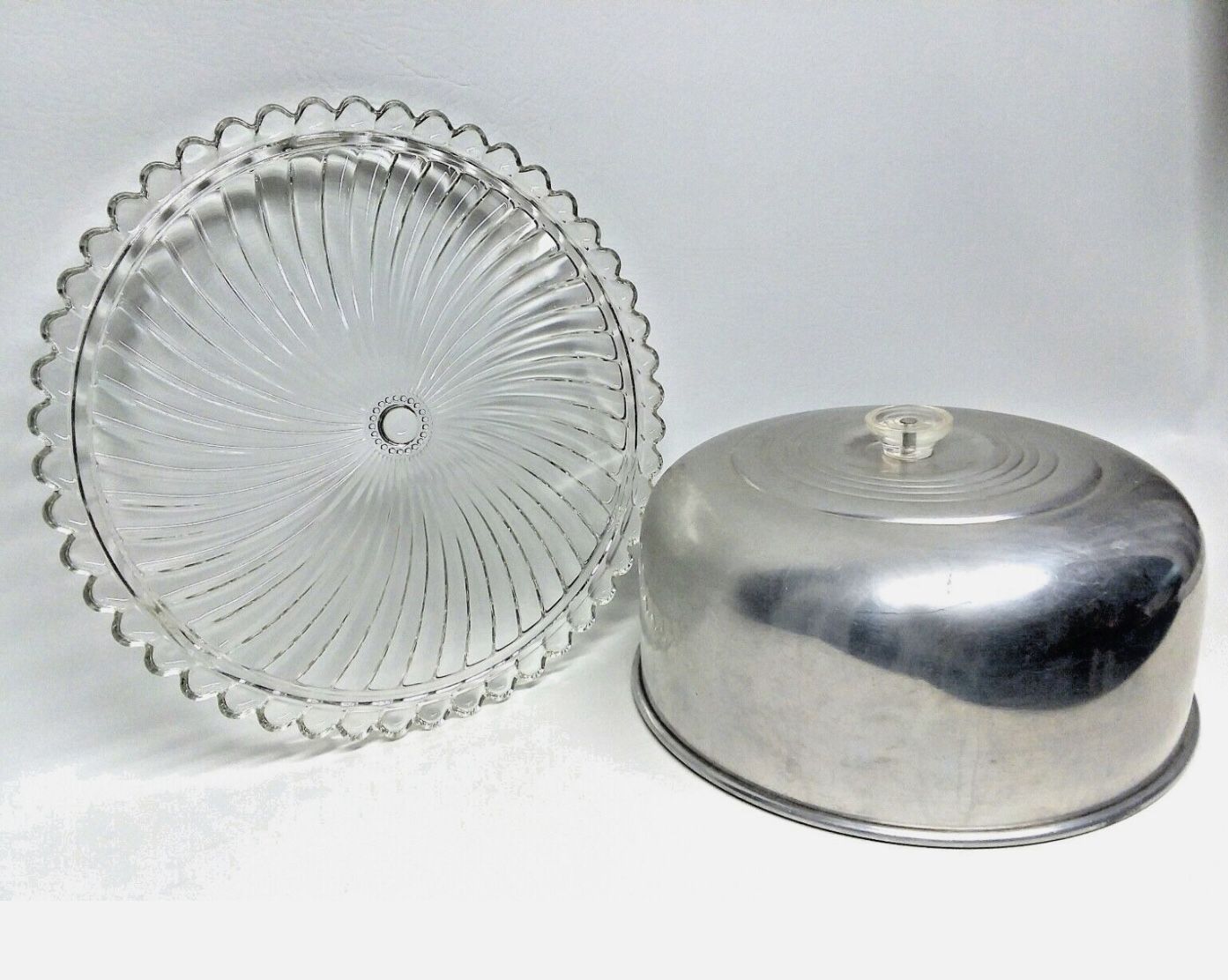 Vintage Decorative Glass Footed Cake Plate with Aluminum Dome Lid 12.5"h x 6.5"w