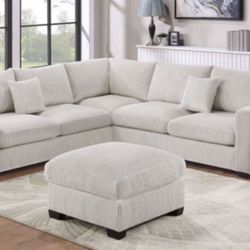 New White Or Gray Corduroy Sectional And Ottoman Sofa Couch 