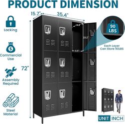 9-Door Lockers for Employees, Metal Storage Cabinet Heavy-duty steel, lockable, shelves & hooks, ventilated, card slot included, fits home/office/scho