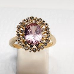 Gold CZ and Pink Topaz Ring Size 9