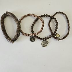 Set Of 4 Various Brown Elastic Bracelets, 6-6.5". 3 w/ Charms. EUC.