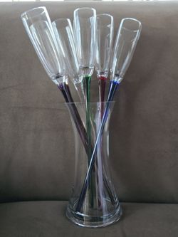 Vintage Colorful HandBlown Glass Footless Stemmed Champagne Flutes with Vase / Pitcher