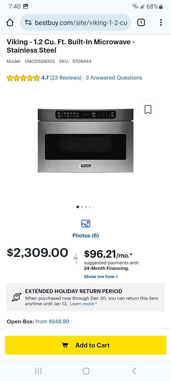 VIKING 24 Inch Wide 1.2 Cu. Ft. 1000 Watt Undercounter Drawer Microwave