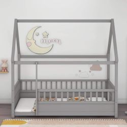 Full Size Floor Bed with House Roof Frame, Wooden Montessori Bed with Fence and Safety Guardrails, F-6