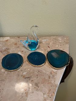 Teal Agate Coasters with Gold Edge, Set of 3 with glass swan