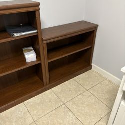2 BOOKCASES IN ONE, SOLID WOOD. 5 SHELVES,  90" ACROSS BY 80" HIGH BY 60" HIGH