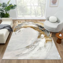 8’x10’ Modern Abstract Gold Black White Rug Carpet 