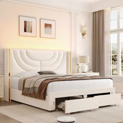 Full Bed Frame with LED Headboard and 2 Storage Drawers – Cream Upholstered Platform Bed