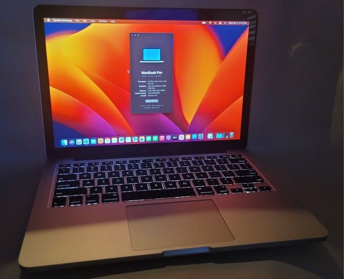 Refurbished Macbook pro 2012 retina, i5 2.5ghz, 8gb ram, 256gb ssd, ventura