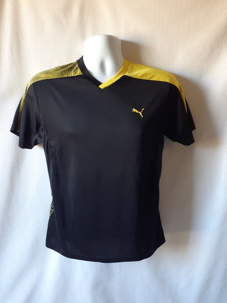 Puma boy's black/yellow short sleeve activewear v-neck top size L 