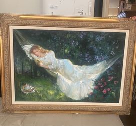 Large Framed Oil Painting Woman in Hammock