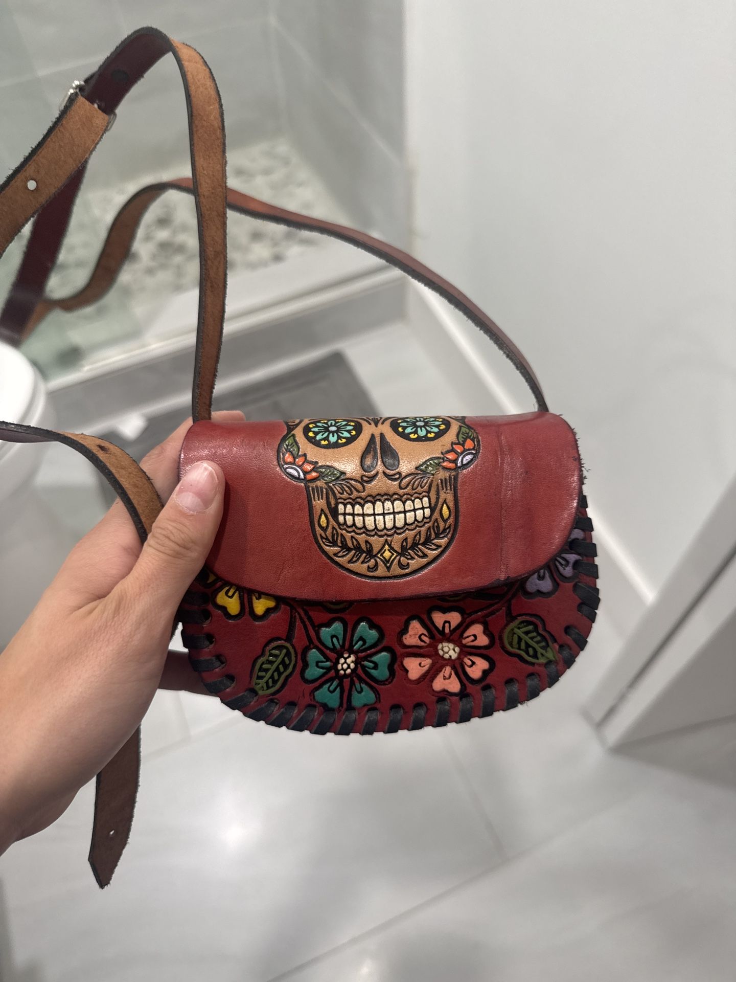 Handcrafted Red Leather Crossbody Bag – Sugar Skull Design