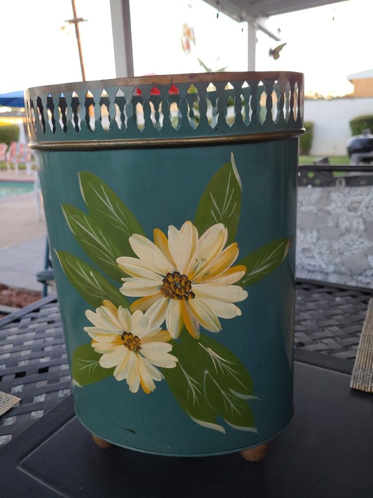 Vintage Mid Century Modern Plymouth Tole Hand Painted Metal Waste Basket