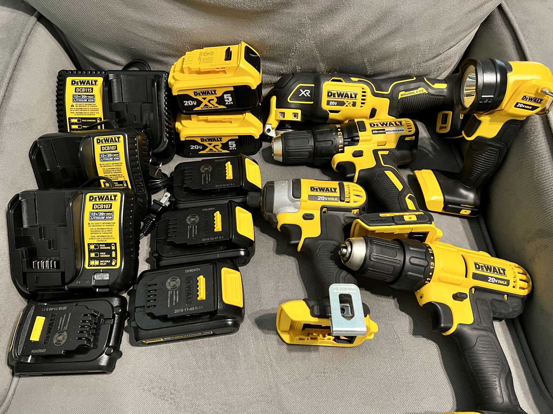 Dewalt Tools (2) Drills (1) Impact Driver (1) Oscillating Multi Tool (1) LED Flashlight (6) Batteries (3) Chargers & (2) Tool Bags - See Description!