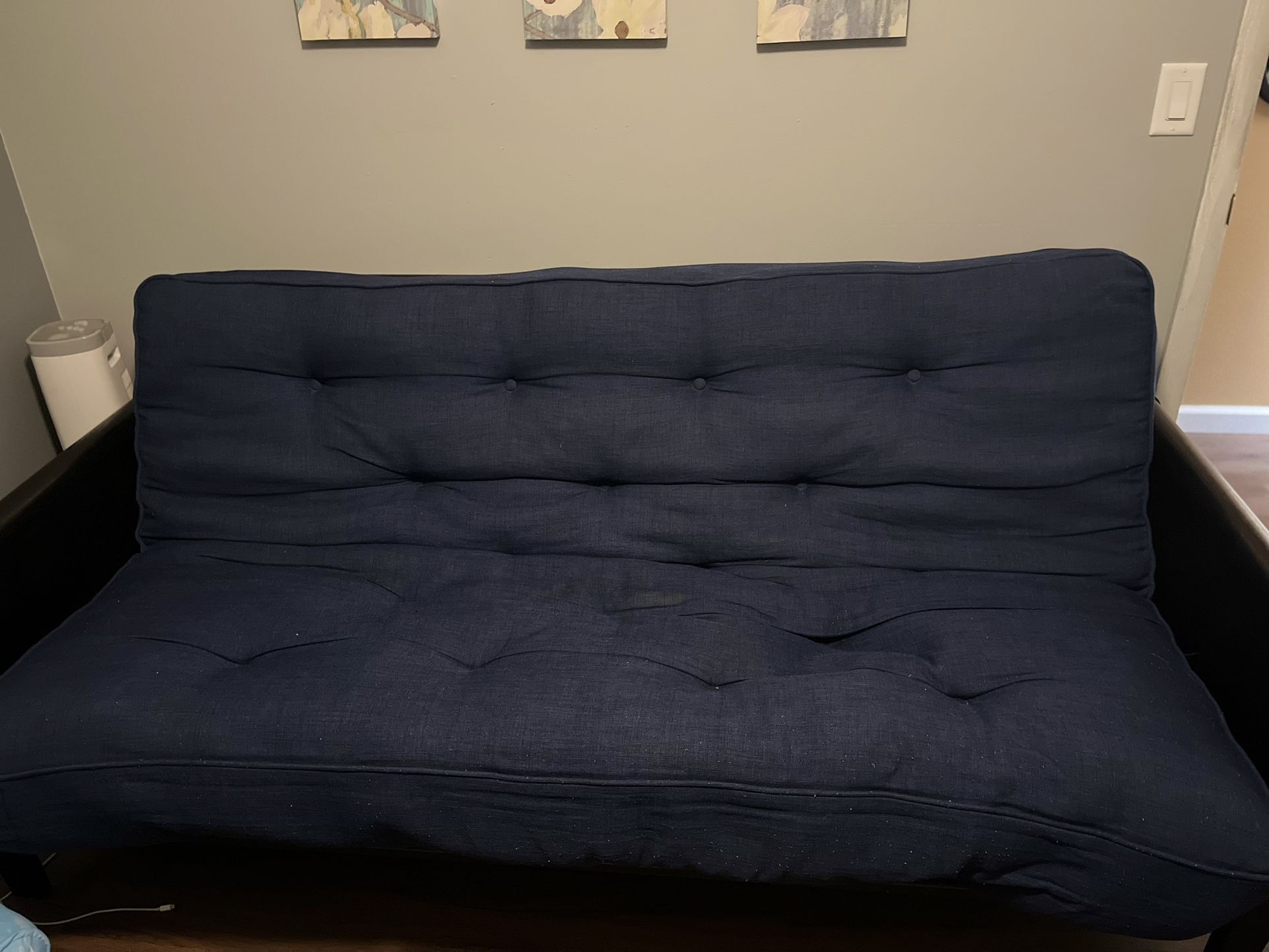 Blue Futon Daybed with Storage Pockets – Converts to Bed