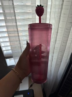 Starbucks Pink Ribbed Tumbler with Strawberry Straw