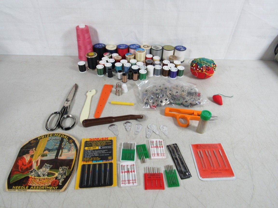 Sewing Notions Lot Thread Bobbins Cushions Needles Pins Misc.