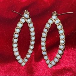Gold Oval Hoop Earrings with White Stones