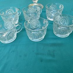 Cups - 6 pieces 2” tall, 3” diameter. Sandwich clear glass compote pedestal bowl H9”, Diameter 6.5”