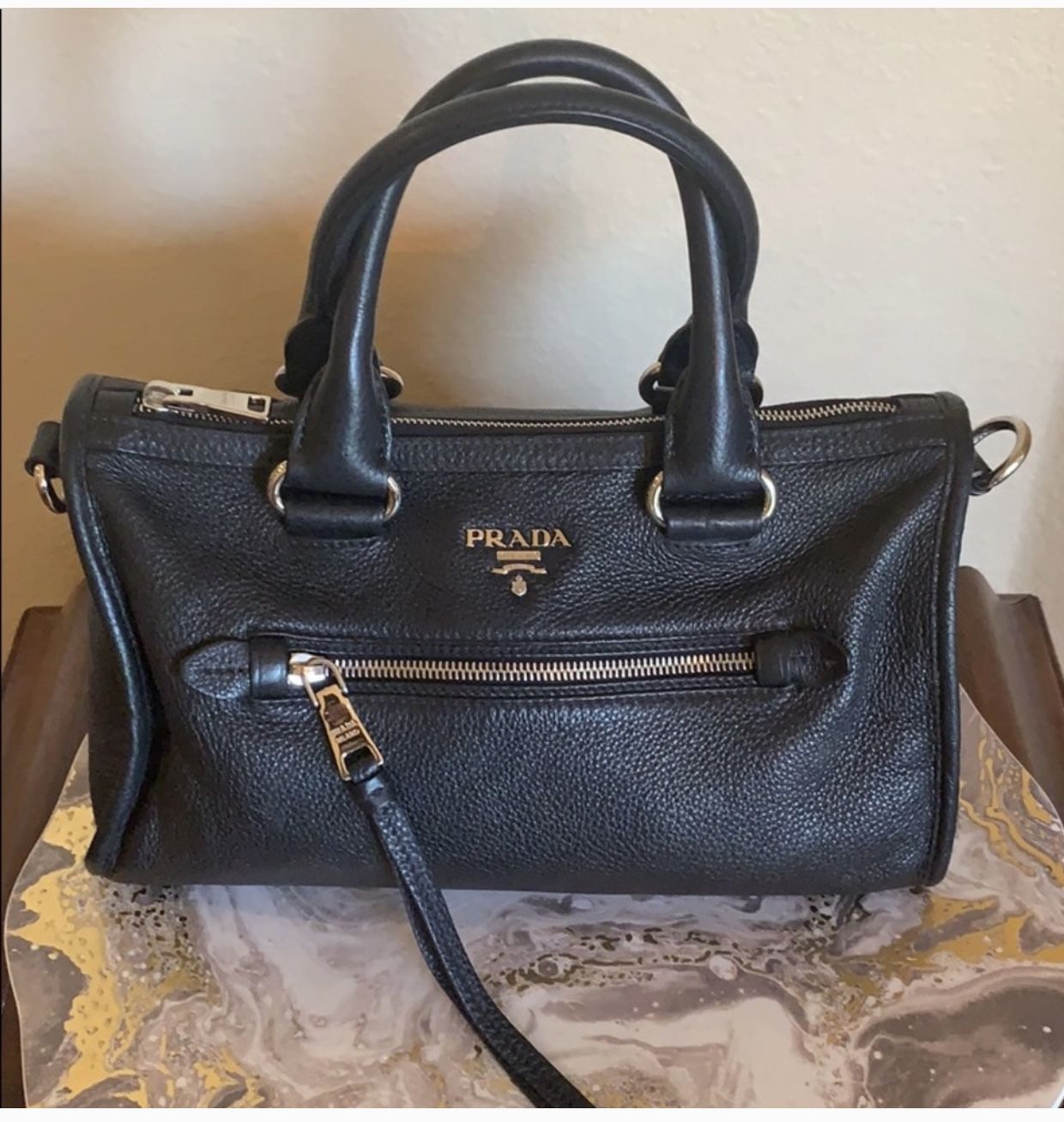 Authentic Prada Leather Bag With Shoulder / Cross Body Strap