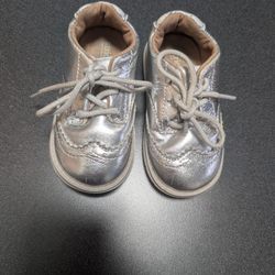 Stride Rite Shiny Silver Baby Shoes Leather Size 5