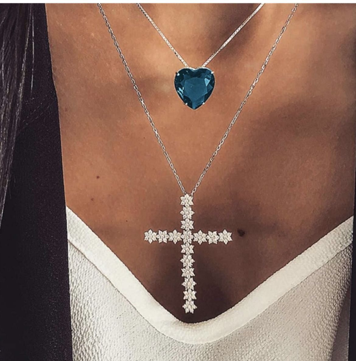 Double Layer Love Heart Flower Cross Necklace