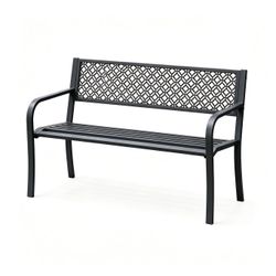 Garvee 50" Outdoor Garden Bench, 2-Person Steel Patio Bench with Geometric Backrest & Slatted Seat for Porch, Yard & Deck, Black