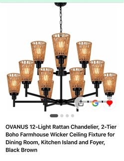 New in box large boho rattan 12 light fixture lamp chandelier