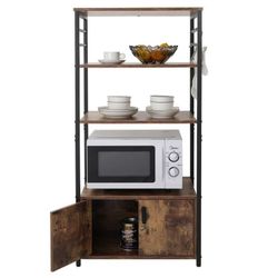 Baker's Rack for Kitchen with Storage & 8 Hooks, 4 Tier Kitchen Cabinet, Microwave Stand with 3 Storage Shelves, Microwave Cabinet for Livin