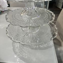CELEBRATION LAURA GLASS 3 CLEAR EMBOSSED GLASS PEDESTAL SERVING PLATES ~BOX~