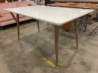 MCM Glossy White Top Dining Table with Wooden Legs
